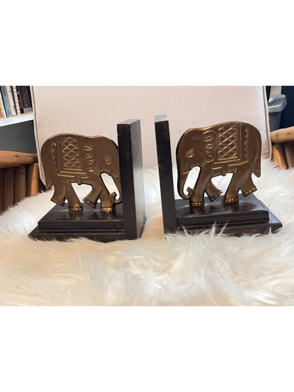 Pair Bronze Tone Elephant Bookends Wood Book Ends Hollywood Regency Boho Decor